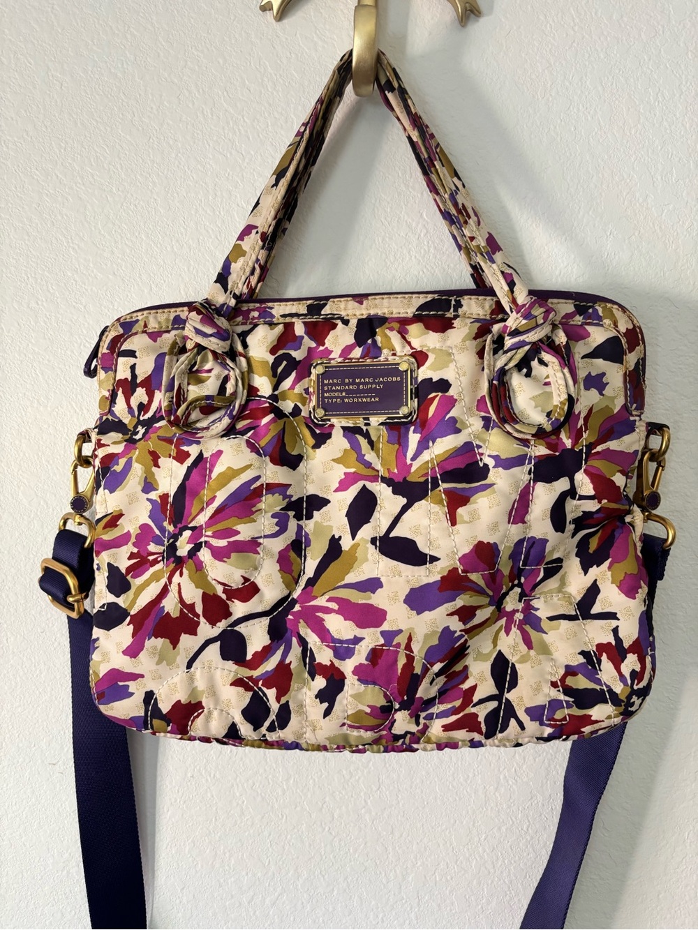 Marc by Marc Jacobs Cream Floral Quilted Laptop Bag with Purple Strap